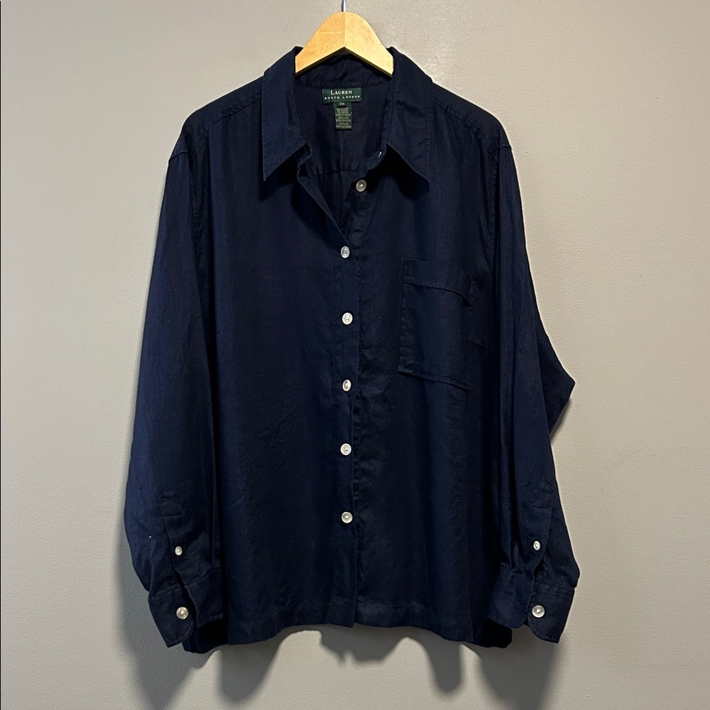 Lauren Ralph Lauren Coastal Navy Blue Linen Button Down Shirt Size 3X
